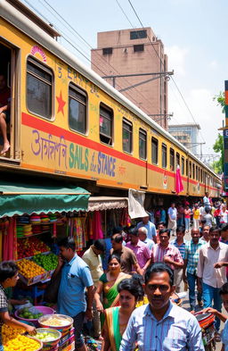 A dynamic urban scene capturing the essence of Mumbai, featuring a local train in the background