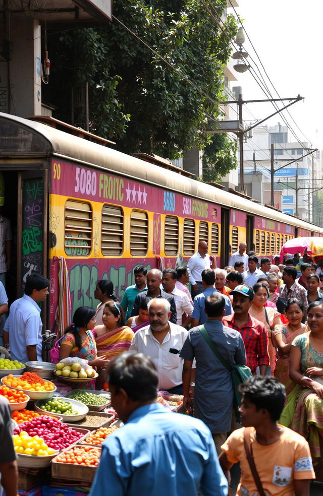 A dynamic urban scene capturing the essence of Mumbai, featuring a local train in the background