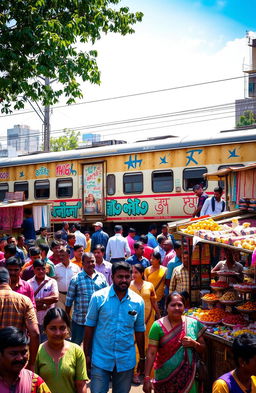 A dynamic urban scene capturing the essence of Mumbai, featuring a local train in the background