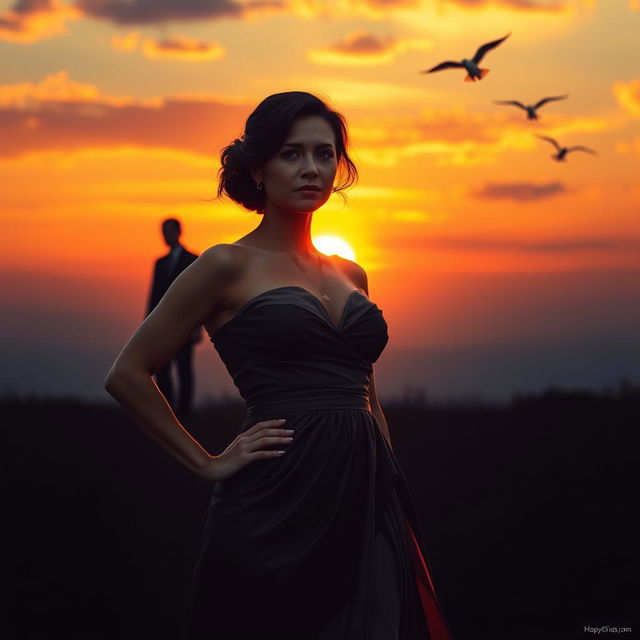 A dramatic scene depicting a woman standing strong in front of a beautiful sunset, with a sense of empowerment and resilience