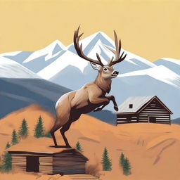 A male deer, with a white chest and ochre colors, and prominent antlers, leaping with a far-off mountain in the backdrop, topped with a quaint wooden cabin