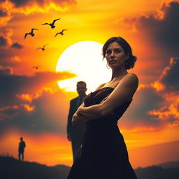A dramatic scene depicting a woman standing strong in front of a beautiful sunset, with a sense of empowerment and resilience