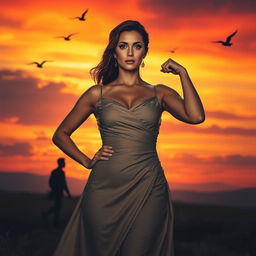 A dramatic scene depicting a woman standing strong in front of a beautiful sunset, with a sense of empowerment and resilience