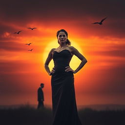 A dramatic scene depicting a woman standing strong in front of a beautiful sunset, with a sense of empowerment and resilience