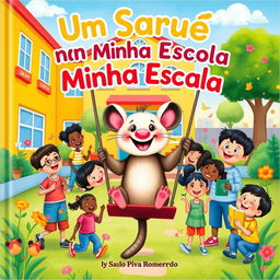 A captivating and vibrant children's book cover titled 'Um Saruê na Minha Escola' by Saulo Piva Romero