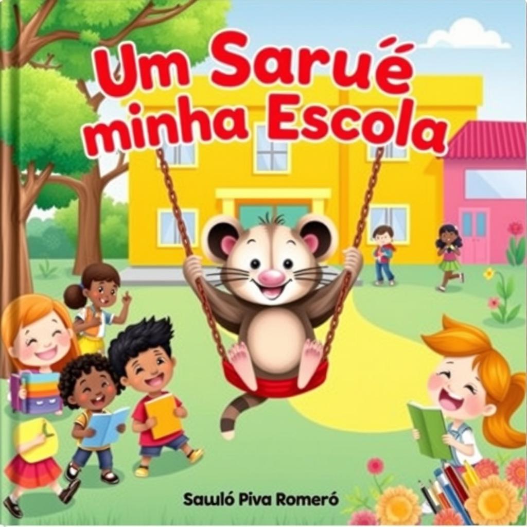 A captivating and vibrant children's book cover titled 'Um Saruê na Minha Escola' by Saulo Piva Romero