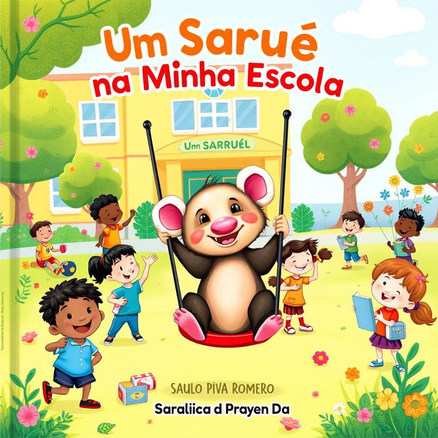 A captivating and vibrant children's book cover titled 'Um Saruê na Minha Escola' by Saulo Piva Romero