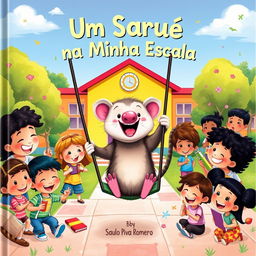 A captivating and vibrant children's book cover titled 'Um Saruê na Minha Escola' by Saulo Piva Romero