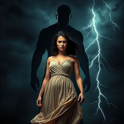 A striking image of a woman standing resolute against a dark and stormy background, symbolizing inner strength and courage
