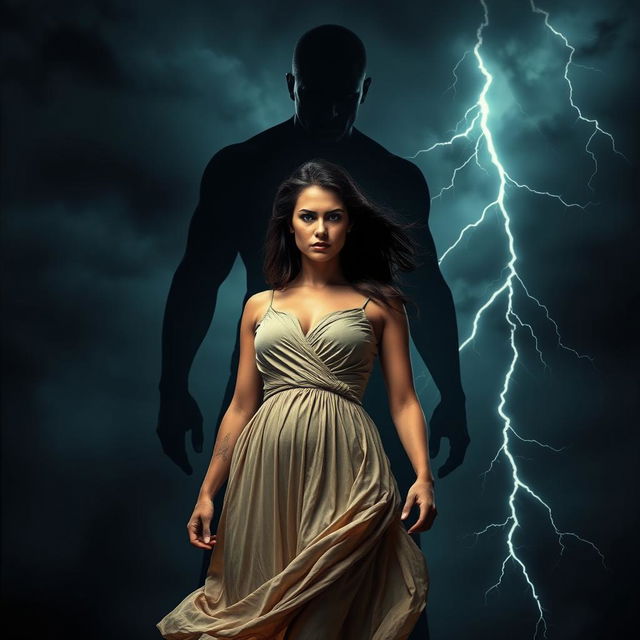 A striking image of a woman standing resolute against a dark and stormy background, symbolizing inner strength and courage