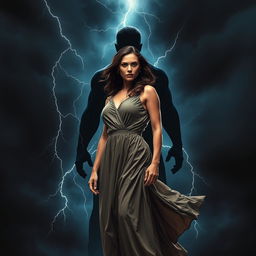 A striking image of a woman standing resolute against a dark and stormy background, symbolizing inner strength and courage