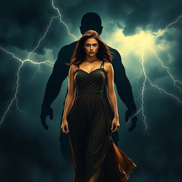 A striking image of a woman standing resolute against a dark and stormy background, symbolizing inner strength and courage