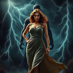 A striking image of a woman standing resolute against a dark and stormy background, symbolizing inner strength and courage
