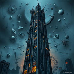An unsettling and surreal depiction of a strange skyscraper that exudes an ominous aura