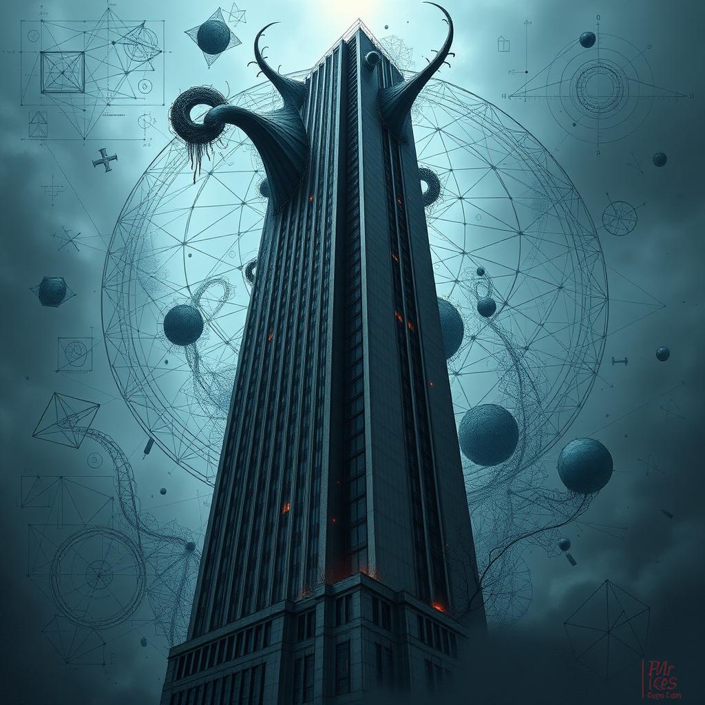 An unsettling and surreal depiction of a strange skyscraper that exudes an ominous aura