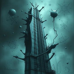An unsettling and surreal depiction of a strange skyscraper that exudes an ominous aura