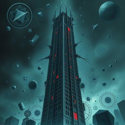 An unsettling and surreal depiction of a strange skyscraper that exudes an ominous aura