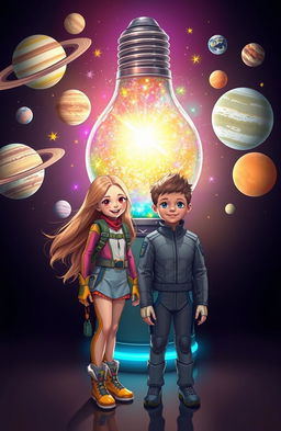 Two young adventurers, a girl and a boy, standing in front of a whimsical light bulb machine that sparkles with colorful lights