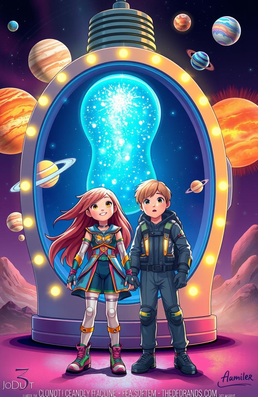 Two young adventurers, a girl and a boy, standing in front of a whimsical light bulb machine that sparkles with colorful lights