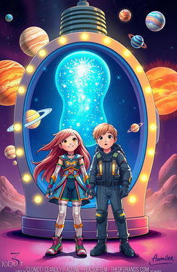 Two young adventurers, a girl and a boy, standing in front of a whimsical light bulb machine that sparkles with colorful lights