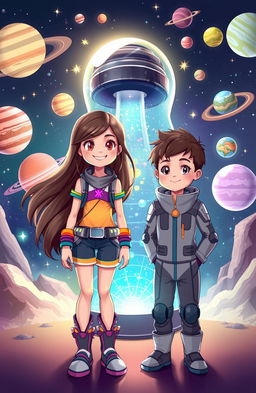 Two young adventurers, a girl and a boy, standing in front of a whimsical light bulb machine that sparkles with colorful lights