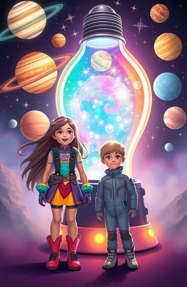 Two young adventurers, a girl and a boy, standing in front of a whimsical light bulb machine that sparkles with colorful lights