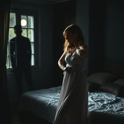 A tense scene set in a dimly lit bedroom