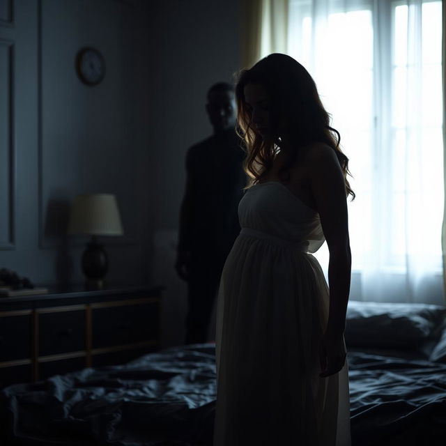 A tense scene set in a dimly lit bedroom