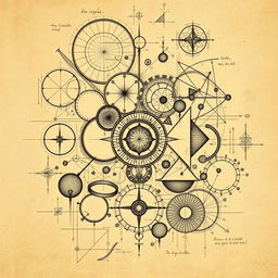 An intricate illustration that combines a plethora of geometric and mathematical shapes, reminiscent of Leonardo da Vinci's detailed sketches