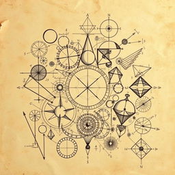 An intricate illustration that combines a plethora of geometric and mathematical shapes, reminiscent of Leonardo da Vinci's detailed sketches
