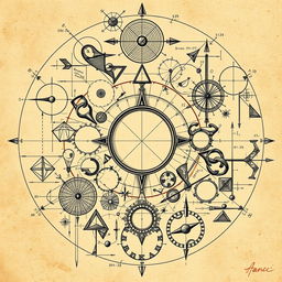 An intricate illustration that combines a plethora of geometric and mathematical shapes, reminiscent of Leonardo da Vinci's detailed sketches