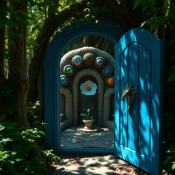 A mysterious blue wooden door with a dragon-shaped handle, slightly ajar, located in the heart of a lush green forest