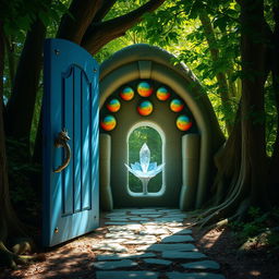 A mysterious blue wooden door with a dragon-shaped handle, slightly ajar, located in the heart of a lush green forest