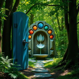 A mysterious blue wooden door with a dragon-shaped handle, slightly ajar, located in the heart of a lush green forest