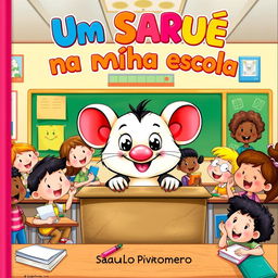 A delightful and colorful book cover illustration for a children's book titled 'Um Saruê na Minha Escola' by Saulo Piva Romero