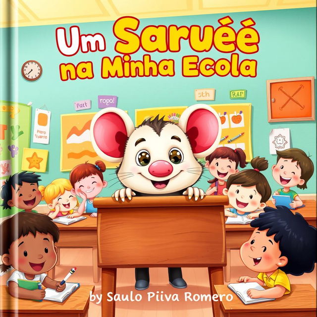 A delightful and colorful book cover illustration for a children's book titled 'Um Saruê na Minha Escola' by Saulo Piva Romero