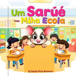 A delightful and colorful book cover illustration for a children's book titled 'Um Saruê na Minha Escola' by Saulo Piva Romero