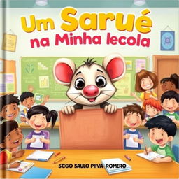 A delightful and colorful book cover illustration for a children's book titled 'Um Saruê na Minha Escola' by Saulo Piva Romero