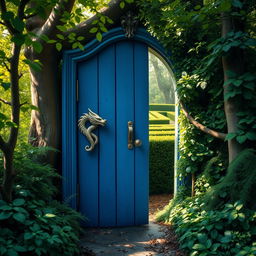 A captivating blue wooden door with a dragon-shaped handle, slightly ajar and nestled in a dense, enchanting forest