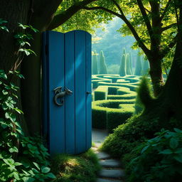 A captivating blue wooden door with a dragon-shaped handle, slightly ajar and nestled in a dense, enchanting forest