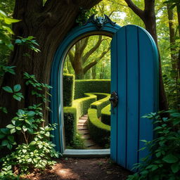 A captivating blue wooden door with a dragon-shaped handle, slightly ajar and nestled in a dense, enchanting forest