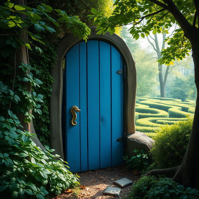 A captivating blue wooden door with a dragon-shaped handle, slightly ajar and nestled in a dense, enchanting forest