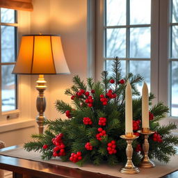 A cozy and inviting room with a light background, showcasing a winter evening outside