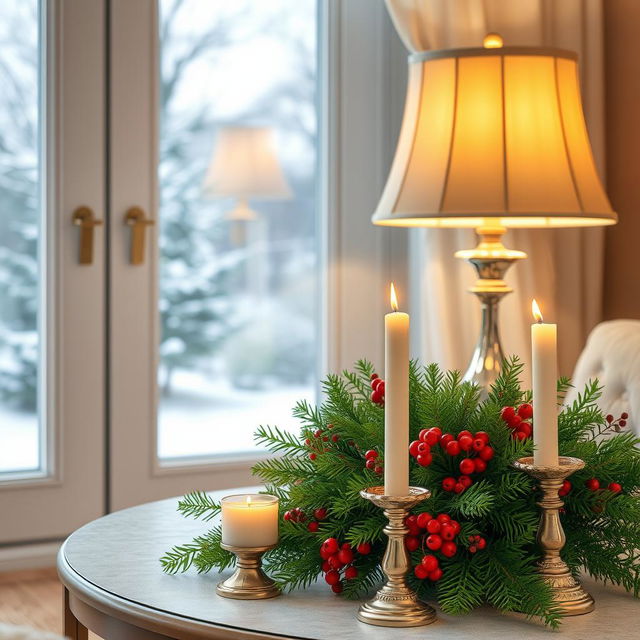 A cozy and inviting room with a light background, showcasing a winter evening outside