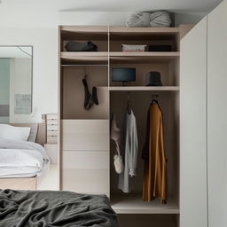 A tastefully designed bedroom wall transformed into a stylish TV cabinet wall unit, complete with an integrated clothing cabinet.