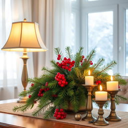 A cozy and inviting room with a light background, showcasing a winter evening outside