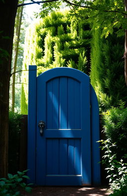 A beautiful blue wooden door with a dragon-shaped handle, partially open, set in the middle of a lush green forest
