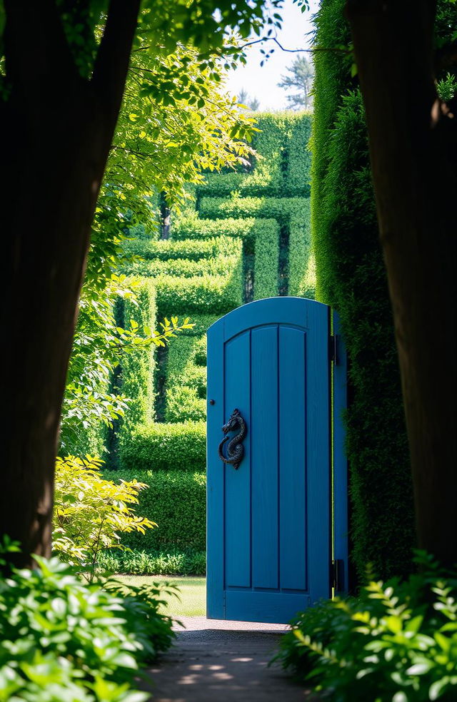 A beautiful blue wooden door with a dragon-shaped handle, partially open, set in the middle of a lush green forest