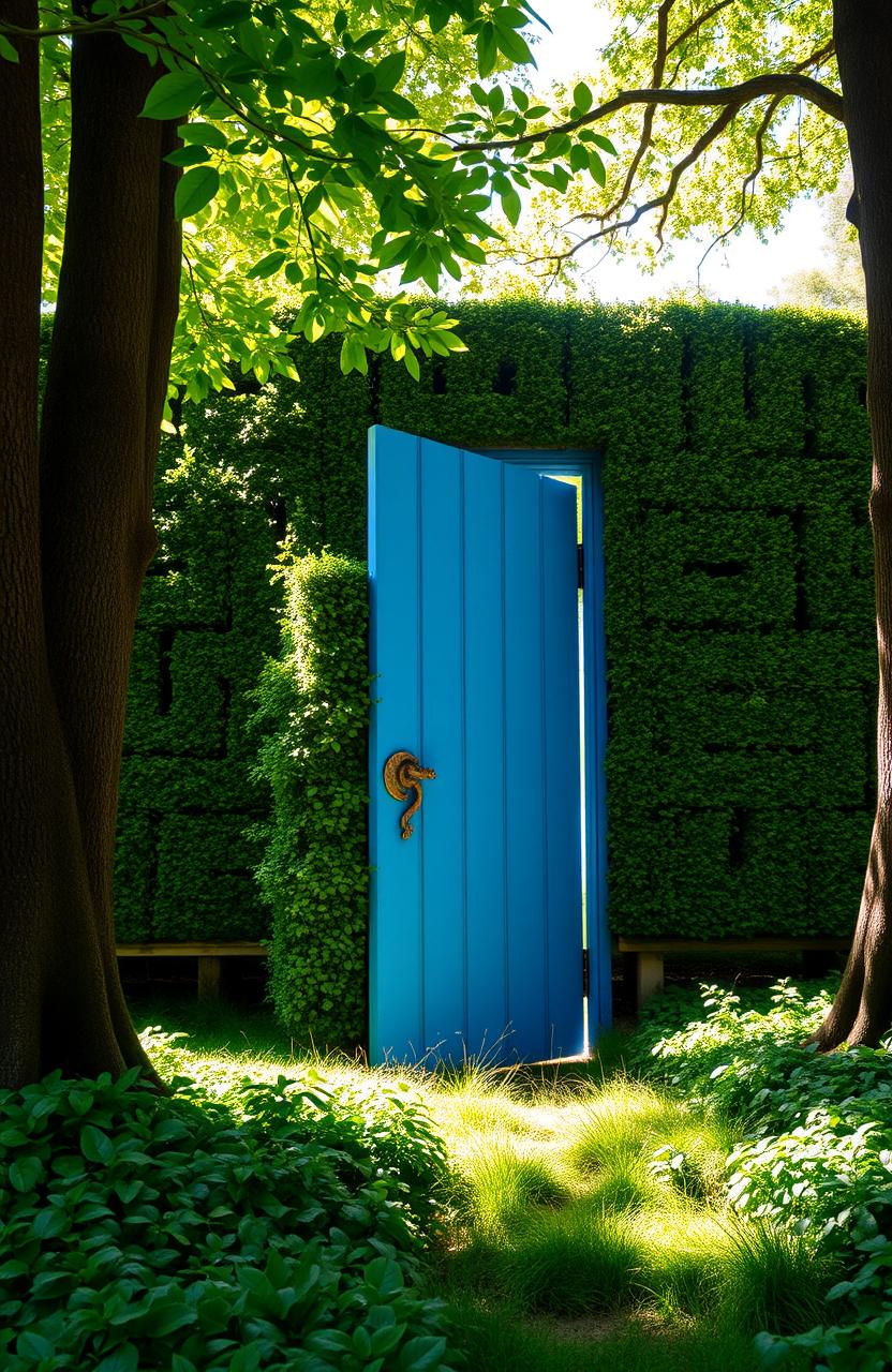 A beautiful blue wooden door with a dragon-shaped handle, partially open, set in the middle of a lush green forest