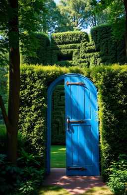 A beautiful blue wooden door with a dragon-shaped handle, partially open, set in the middle of a lush green forest